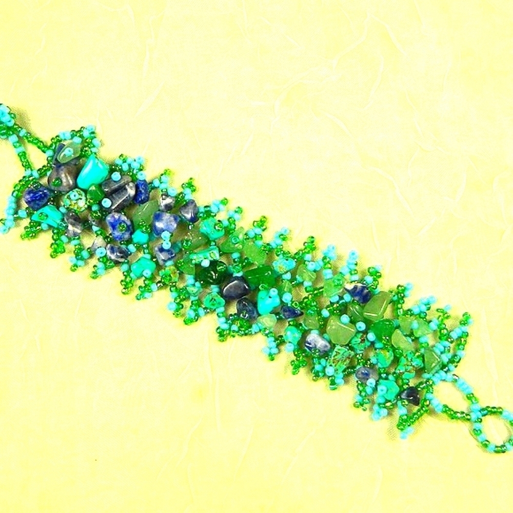 Artisan Woven Turquoise Green & Purple Gemstone Glass Bead Bracelet Boho Stateme